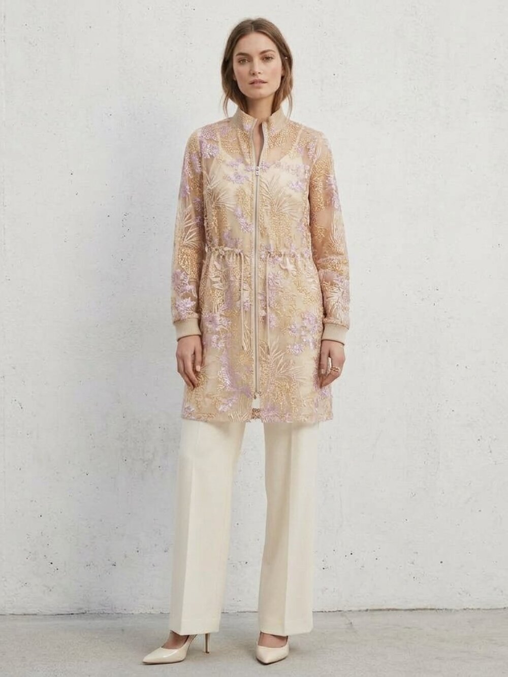 Elie Tahari Nicolette Sheer Trench Coat Cream Pink Embroidered Floral Applique s